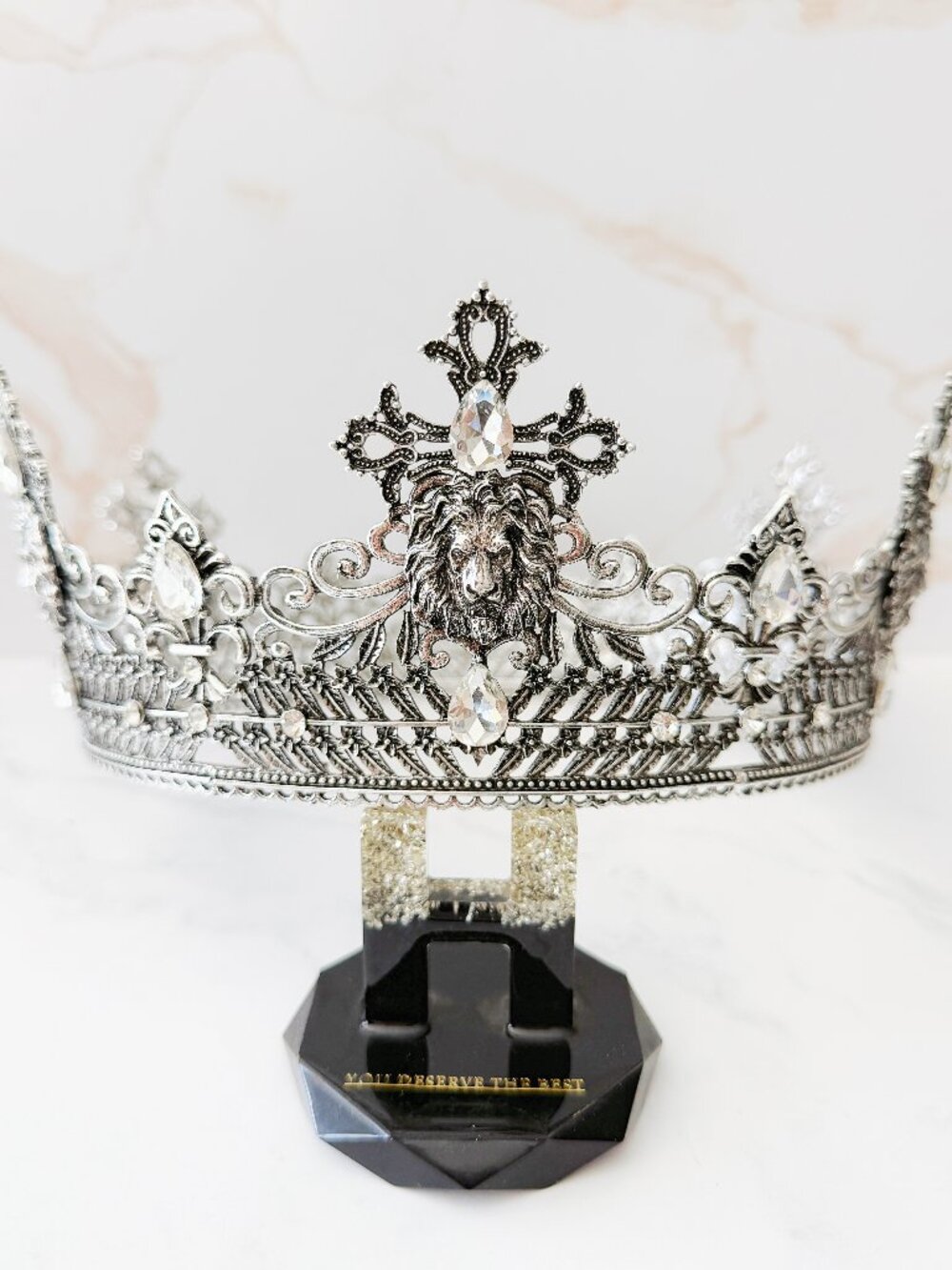 Silver Lion King Crown Clear Crystal Cross Medieval Royal Cosplay Wedding Prom